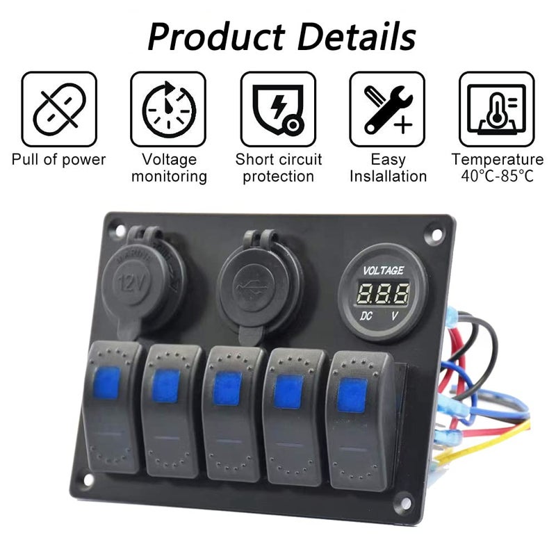 Garfour 5 Gang Marine Switch Panel - Waterproof Boat Switch Panel with 3.1A Dual USB, LED Voltmeter & Cigarette Lighter Socket for Boats, Trucks, RVs, SUVs - Image 4